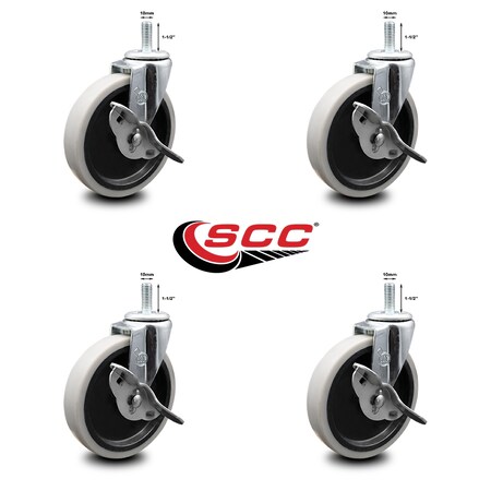Service Caster 5 Inch Thermoplastic Wheel 10mm Threaded Stem Caster Set with Brakes SCC, 4PK SCC-TS05S510-TPRS-SLB-M1015-4